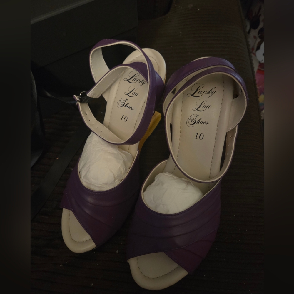 Lucky Lou Bang Purple Leather Boom Wedge Wood Heel Strap Sandal Nib Pinup 10 - Picture 7 of 11